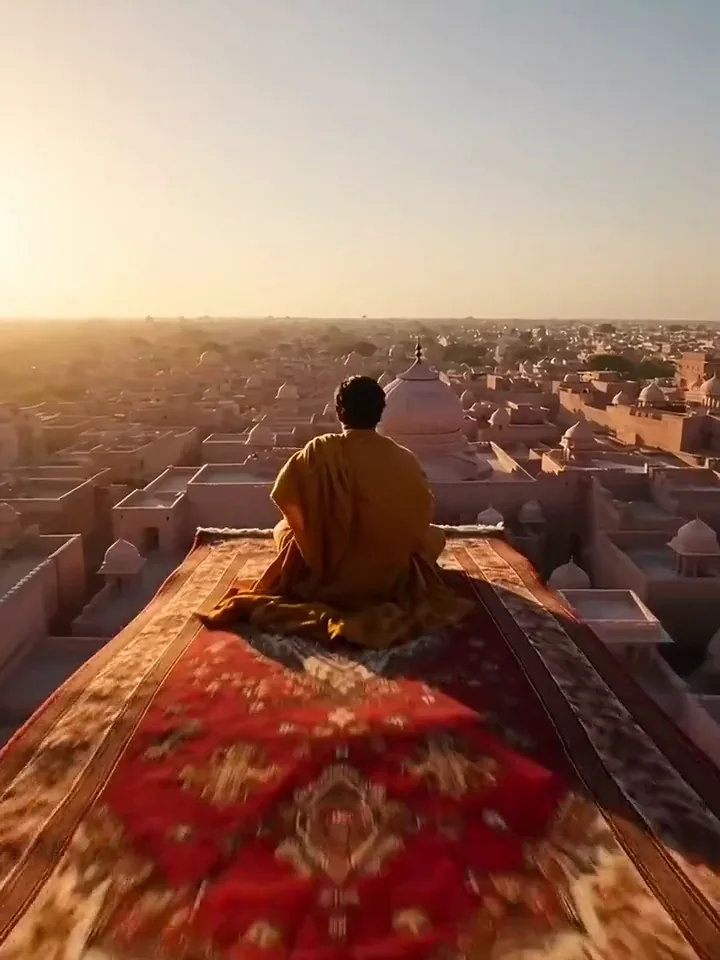 A rider in saffron on a red flying carpet curving past a pink dome at sunrise