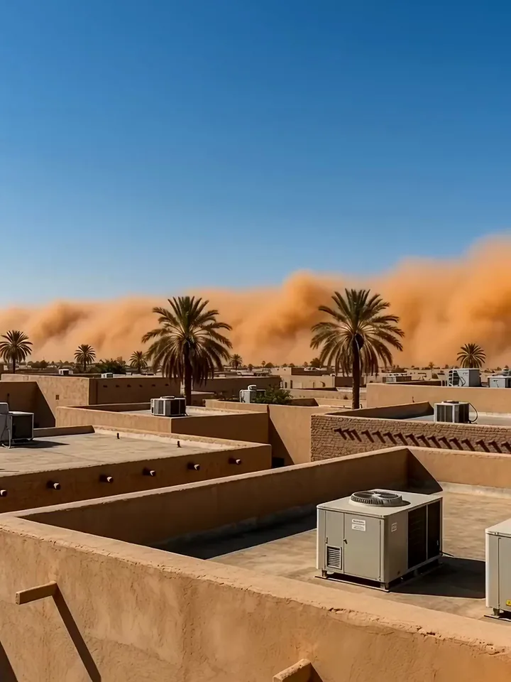 Wan 2.2 video of an orange haboob rolling over a mud brick town until the sky disappears