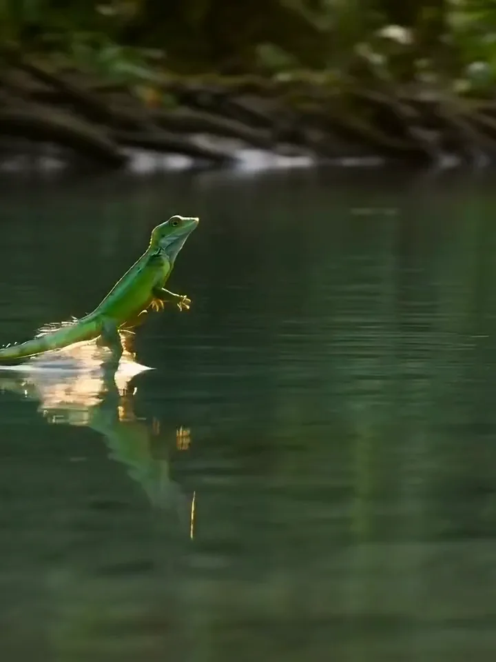 Wan AI video of a green basilisk lizard running across a rainforest river on its hind legs