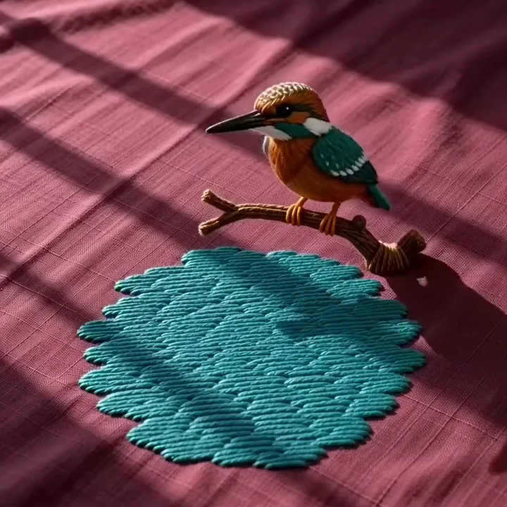 An embroidered kingfisher dipping its beak into a teal stitched pond as stitched ripples spread across pink cloth