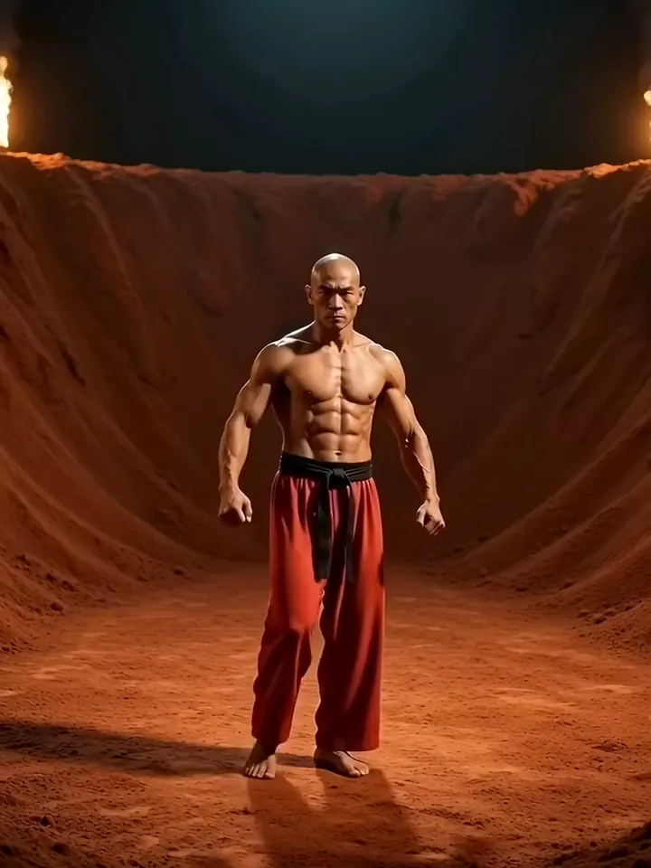 A Kalaripayattu fighter kicking one leg high and dropping into a low stance in a lamplit pit of red earth