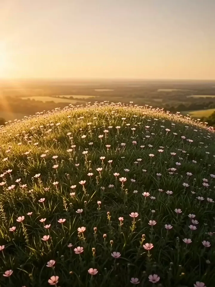 Wan AI video of a grassy hill opening one huge amber eye at sunset