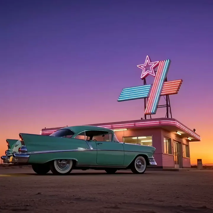 A mint green 1950s car lifting off in a cloud of dust beside a pink neon diner at dusk