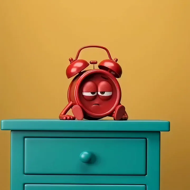 A red cartoon alarm clock waking up and stretching on a teal bedside table