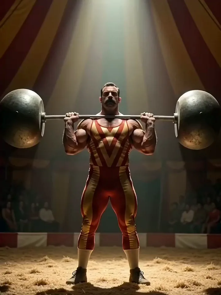 A strongman in a striped suit pressing a heavy barbell overhead under a red and gold circus tent
