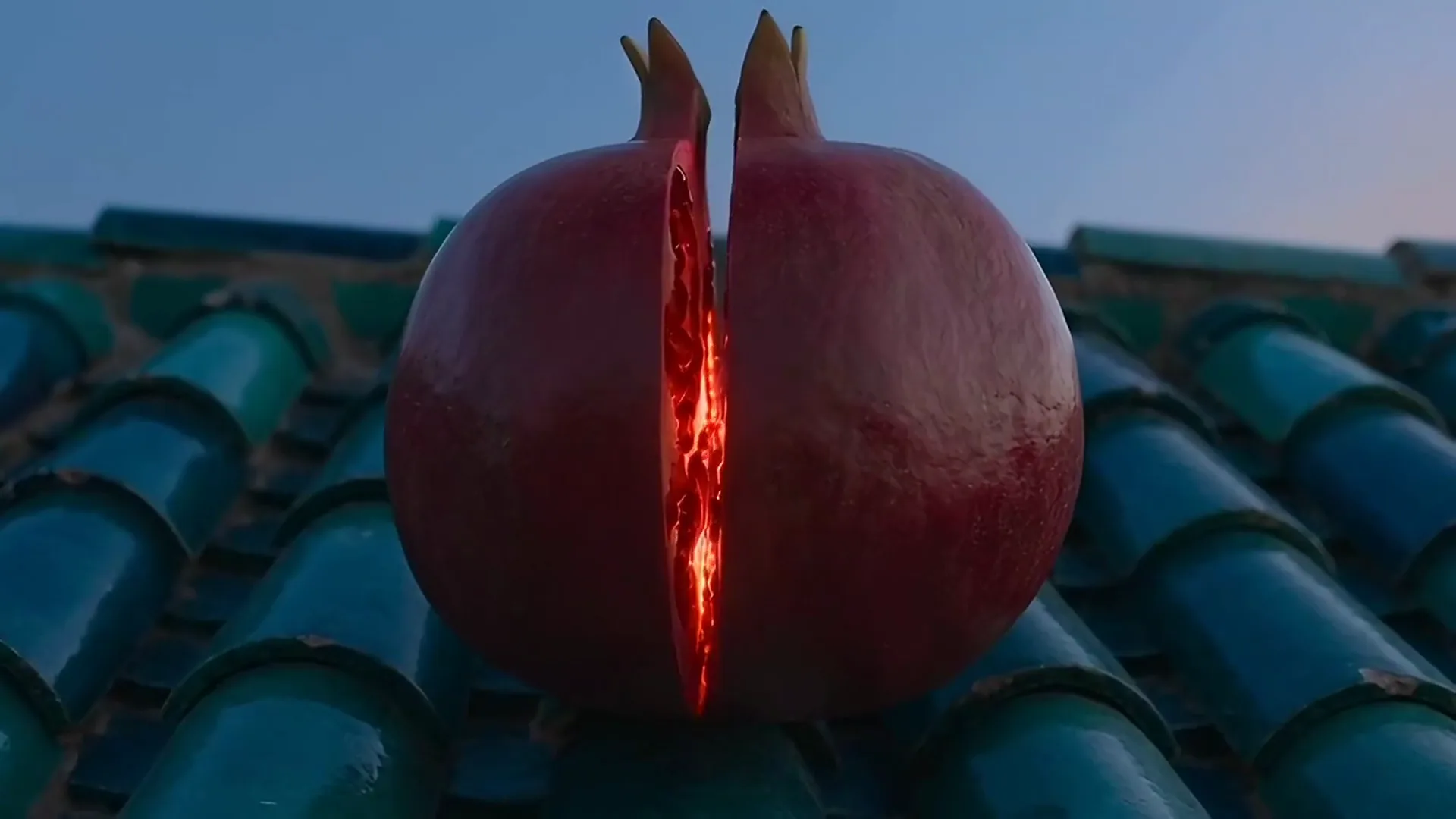 Grok Imagine video of a giant pomegranate splitting open on a blue tiled rooftop, its seeds glowing red, A longship with a red striped sail gliding out of sea fog on a fjord, Grok Imagine video of a black rhino charging through orange dust and stopping at the lens, A blue-footed booby spreading its wings and pointing its beak to the sky on black lava rock