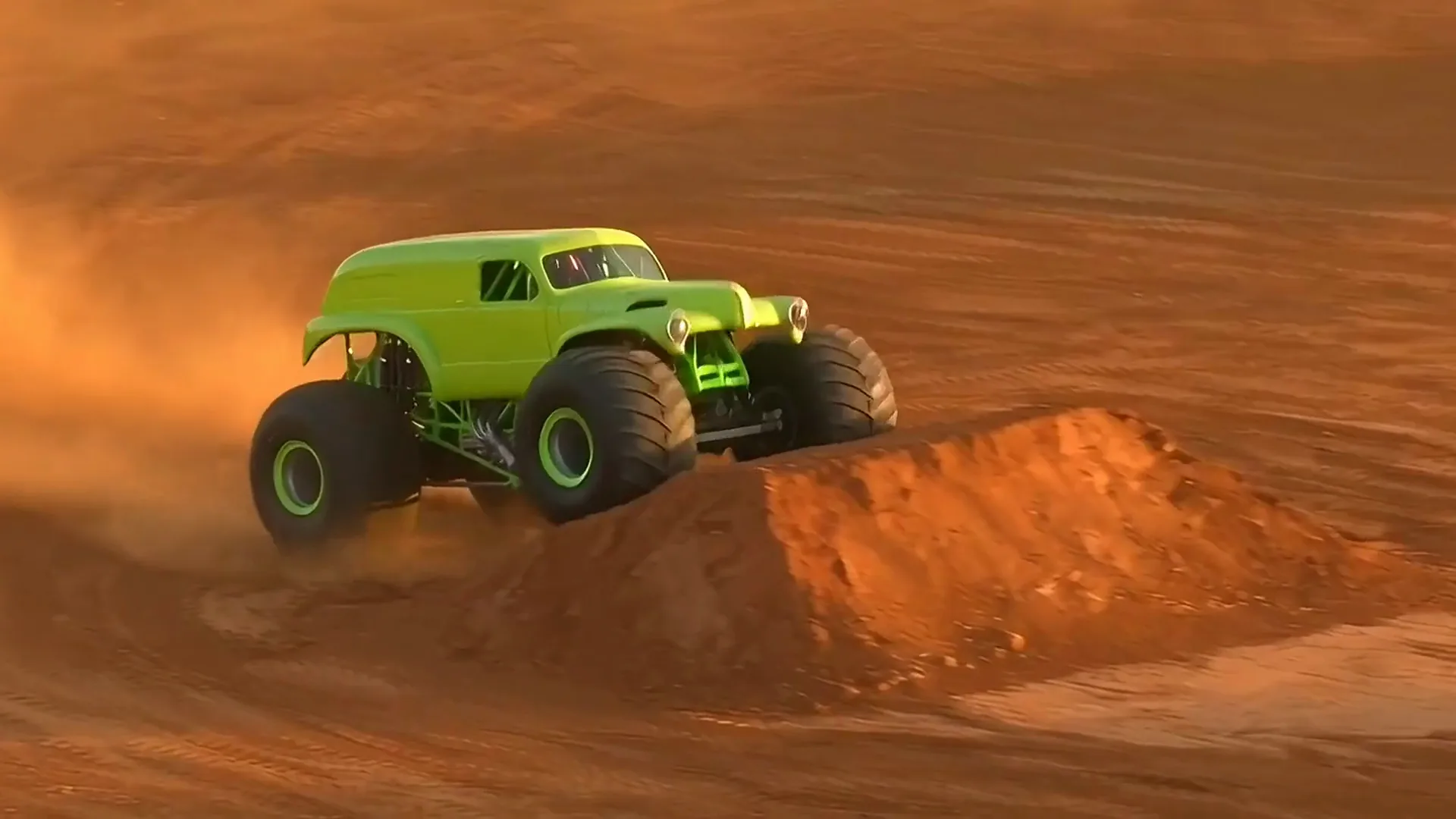 PixVerse AI video of a lime green monster truck jumping a dirt ramp on an orange track, Two zebras rearing up to spar chest to chest in golden grass at sunset, An orange hovercraft skimming a green river between red canyon walls, A street performer blowing a huge orange fireball from a torch in a night bazaar