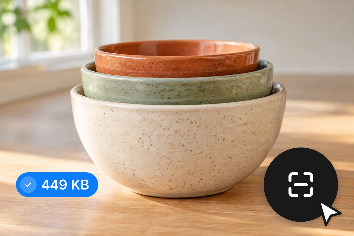 A product photo of speckled nesting mixing bowls, compressed to a much smaller JPG in seconds right in the browser.