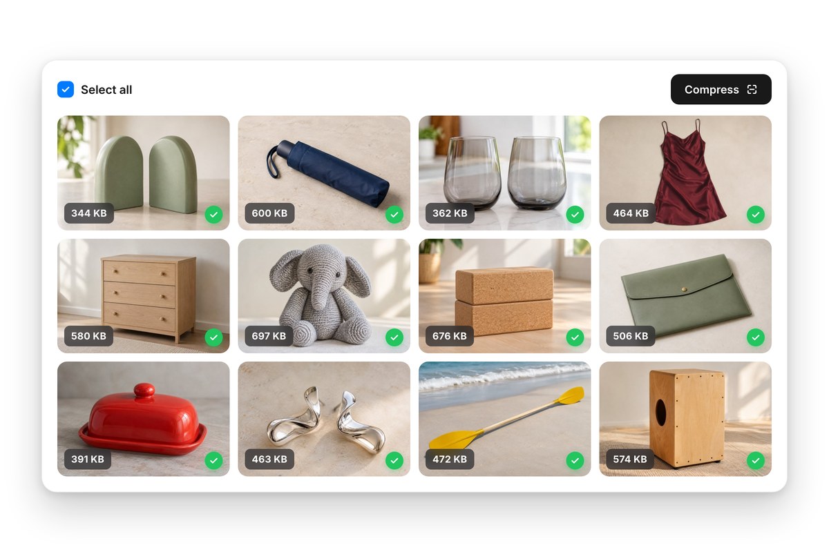 Twelve product photos batch compressed at once, each tile showing its new, smaller JPG file size.