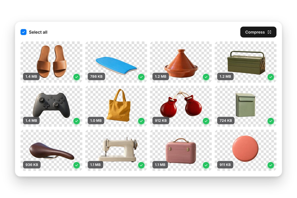 A grid of 12 PNG product cutouts, from leather sandals to a coral powder compact, batch compressed to smaller sizes.