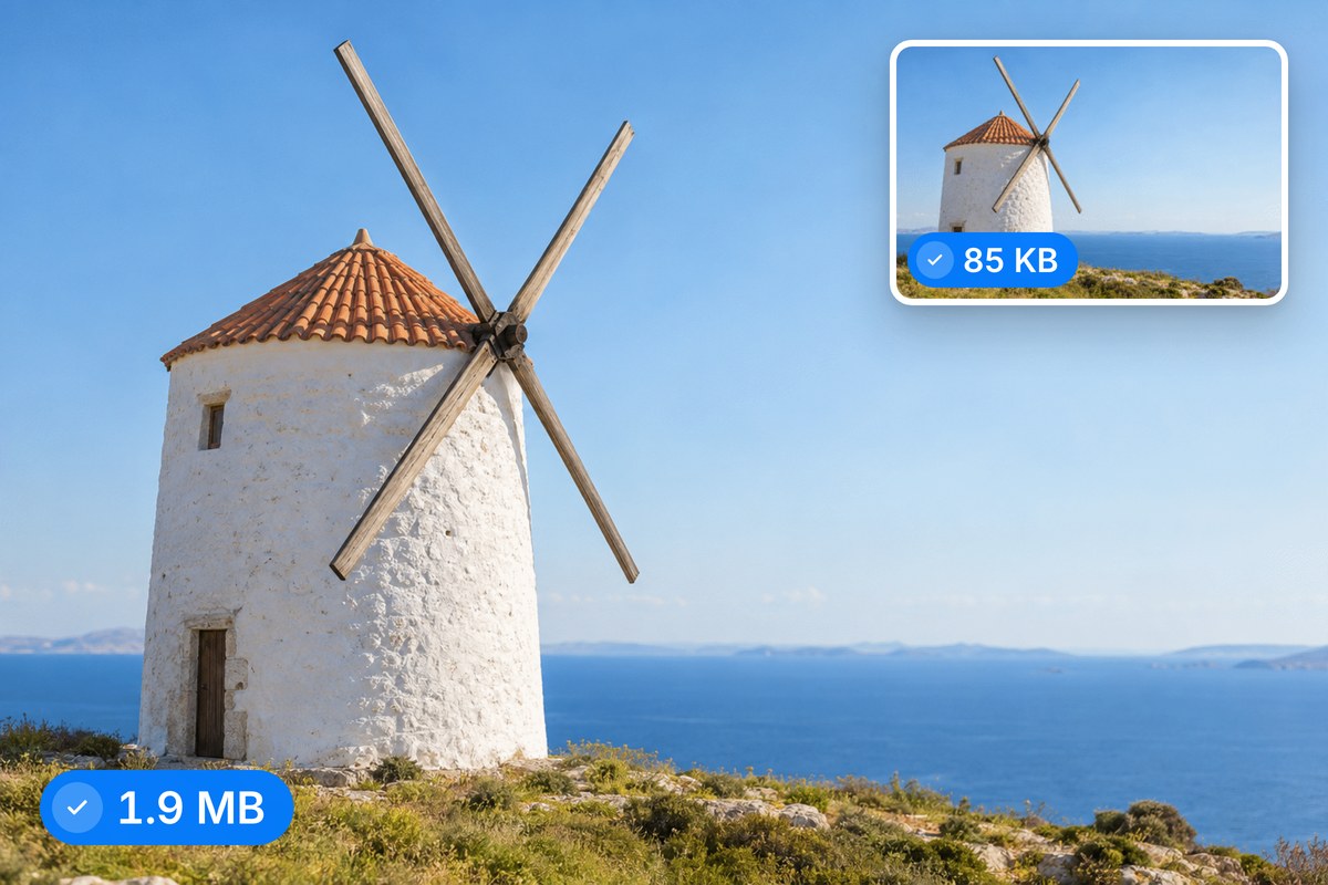 A whitewashed windmill above a blue bay saved as a crisp PNG banner and a small thumbnail, each with its own file size.