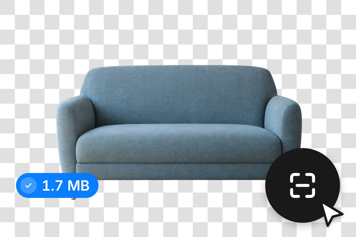A dusty blue two-seat sofa PNG cutout compressed with one click to a lighter file, so the product page loads faster.