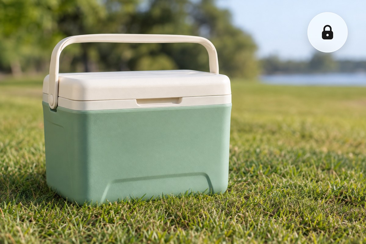 A mint cooler box product photo with a padlock badge, a WebP compressed on your own device and never uploaded.