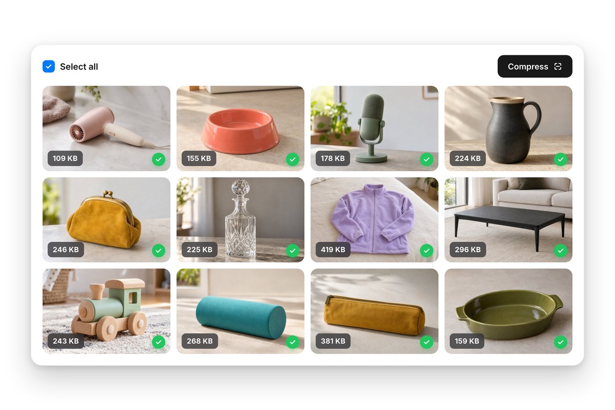 Twelve product photos compressed together in one batch, each tile showing its new, smaller WebP file size.