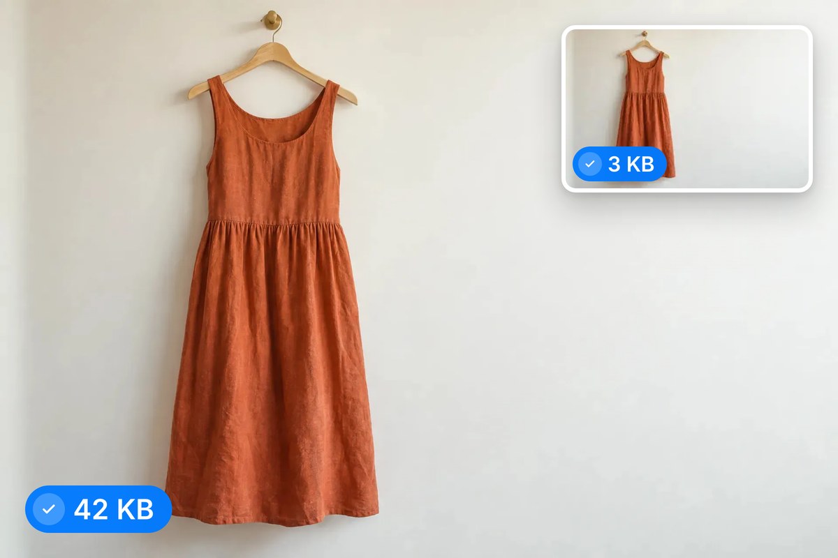 A terracotta linen dress photo as a lighter WebP banner and thumbnail, each with its own measured file size.