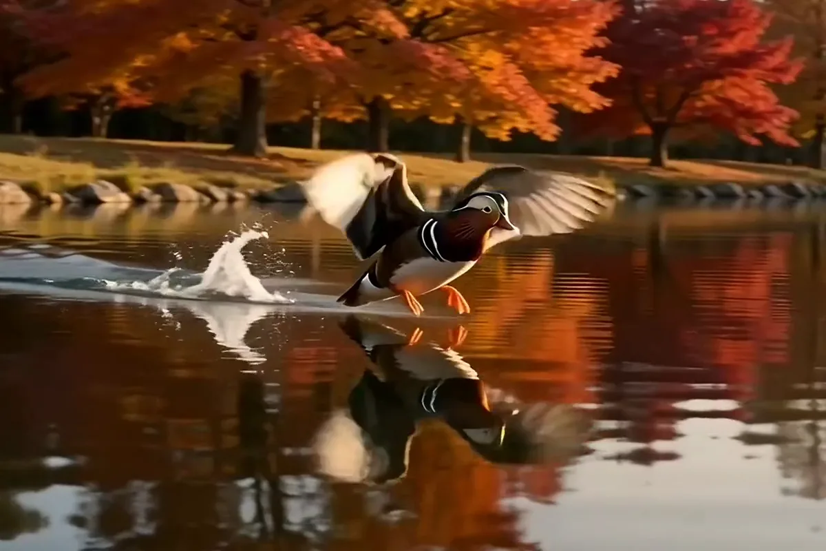 FLUX 3 video of a mandarin duck landing on an autumn pond, skiing across the water and settling