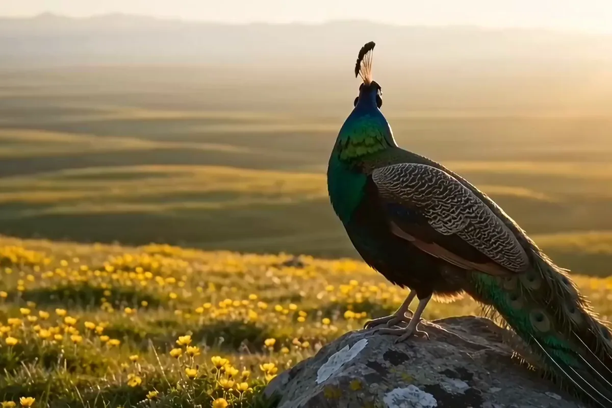 Gemini Omni video of a peacock on a rock in yellow flowers turning into the sun as its neck flashes green, blue and violet