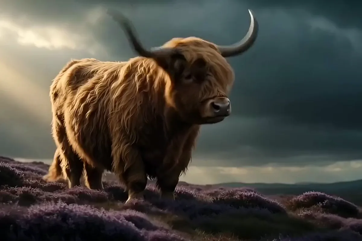 Grok Imagine video of a ginger Highland cow shaking its fringe in purple heather
