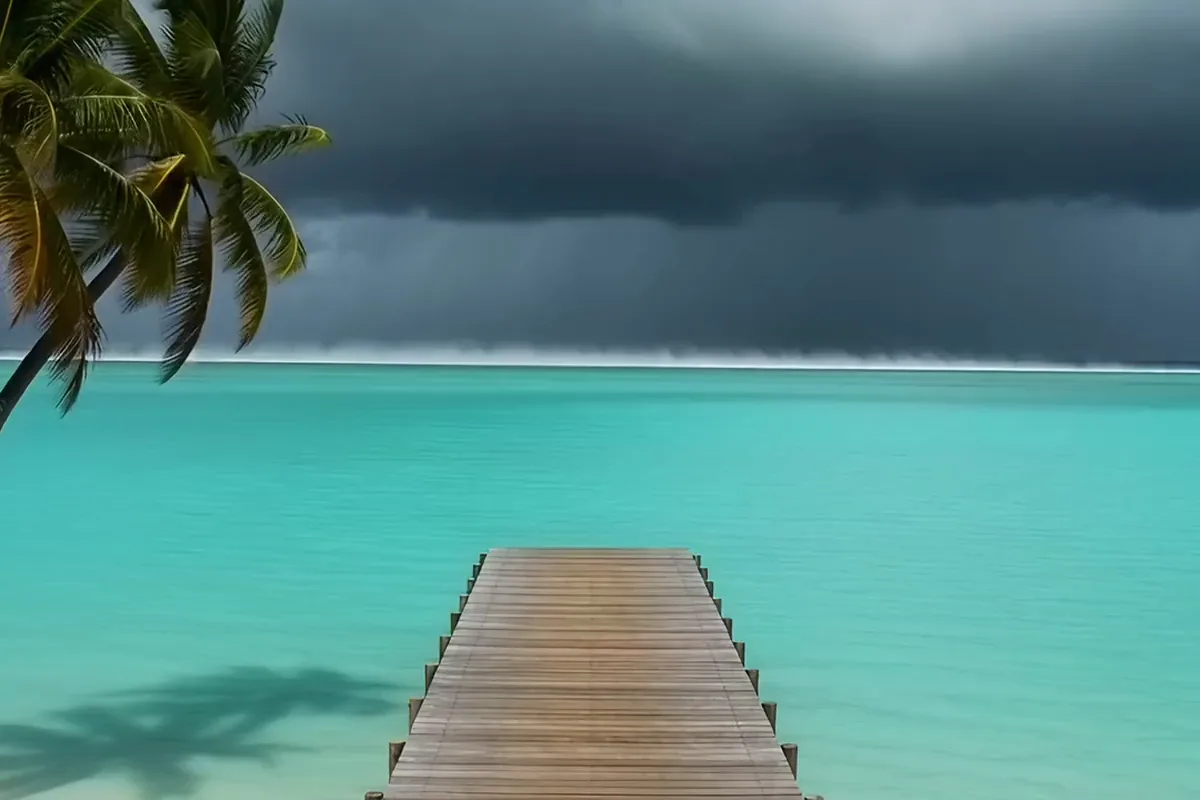 Grok Imagine video of tropical rain moving across a turquoise lagoon and darkening a wooden jetty