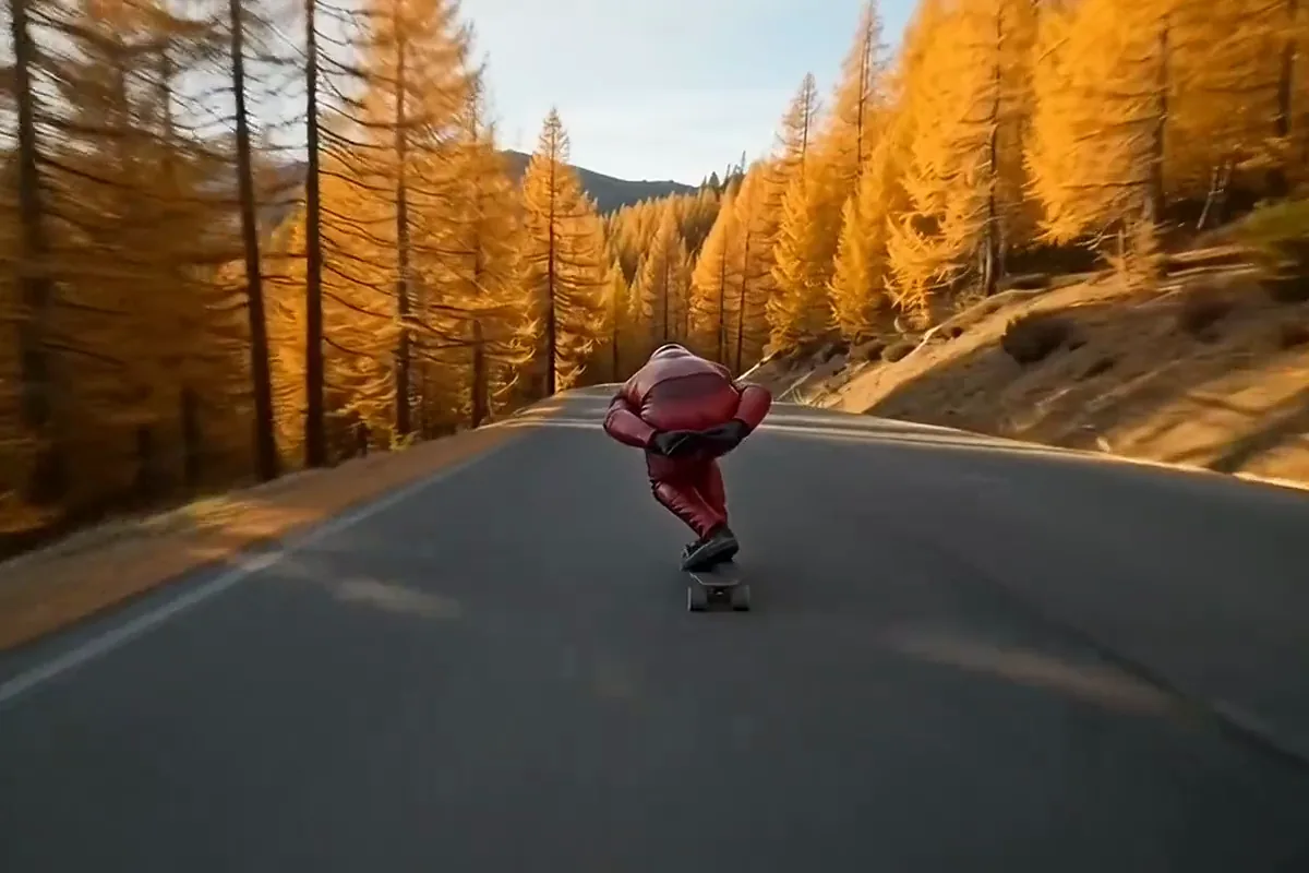 Grok Imagine video of a downhill longboarder in red leathers sliding a mountain hairpin