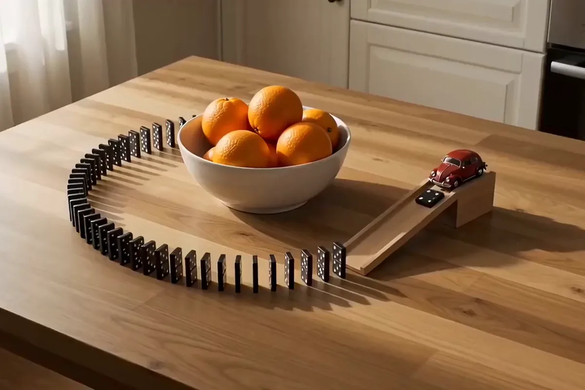 Hailuo AI video of dominoes toppling around a bowl of oranges and pushing a toy car down a ramp