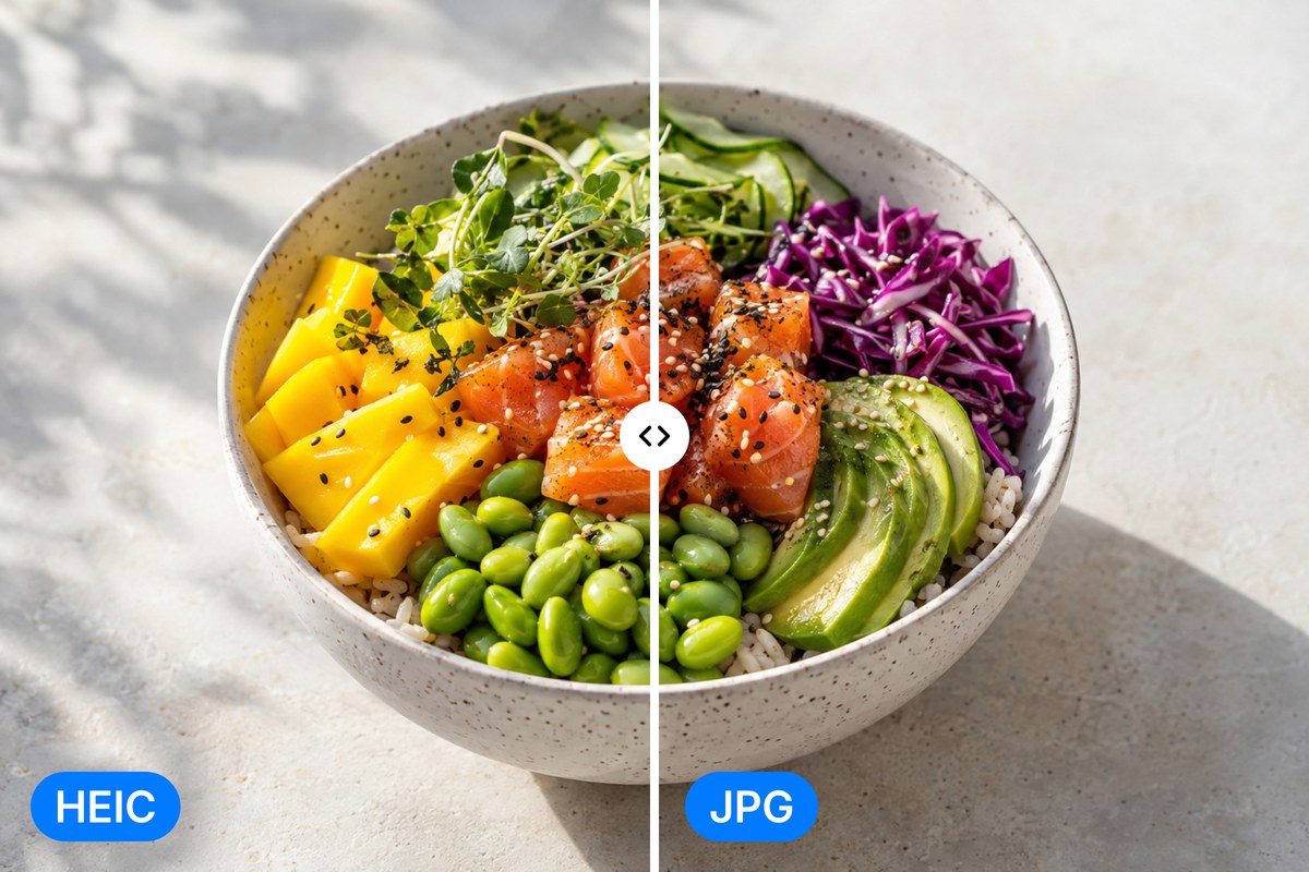 A poke bowl photo split in two, HEIC on the left and JPG on the right, with identical sharp detail and colour.