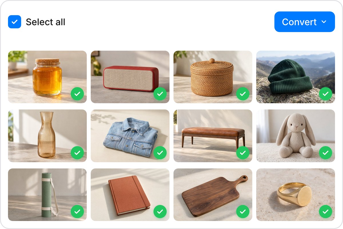 Twelve product photos in a batch converter grid, each converted from HEIC to JPG and marked with a green check.