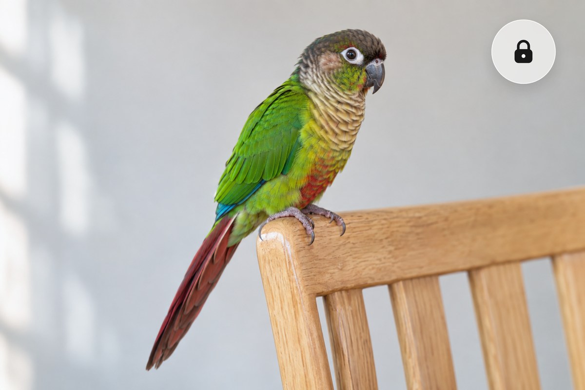A green-cheeked conure on a kitchen chair in a browser window with a padlock, converted to JPG on your own device.