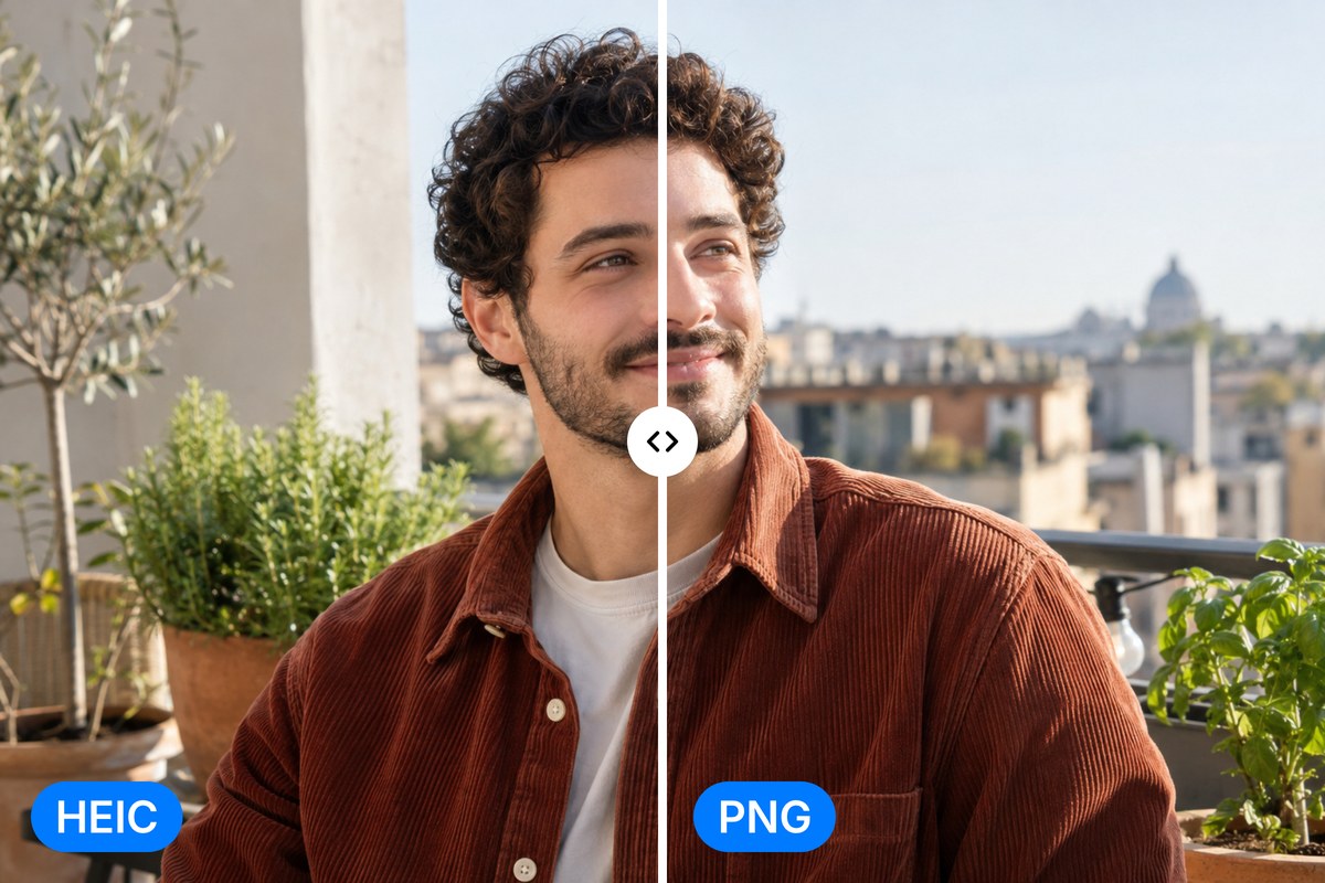 A smiling man on a sunny balcony split in two, HEIC on the left and PNG on the right, with every pixel identical.