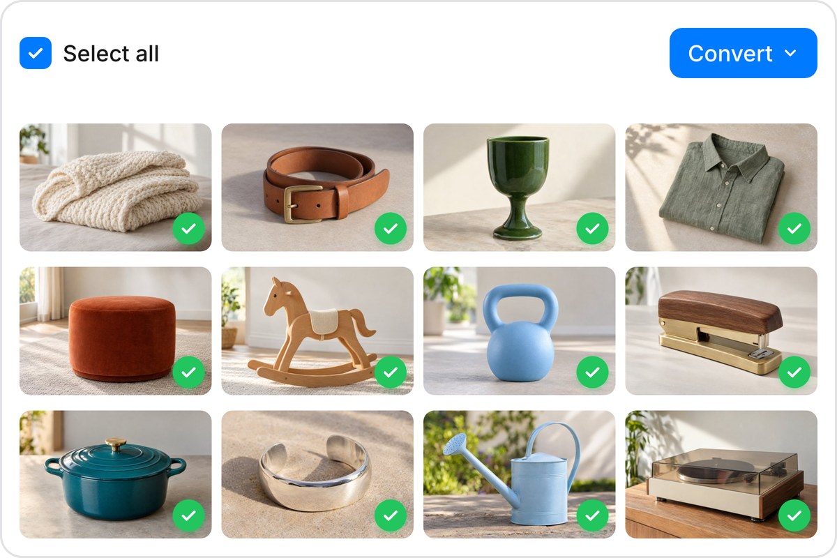 Twelve product photos in a batch converter grid, each converted from HEIC to PNG and marked with a green check.