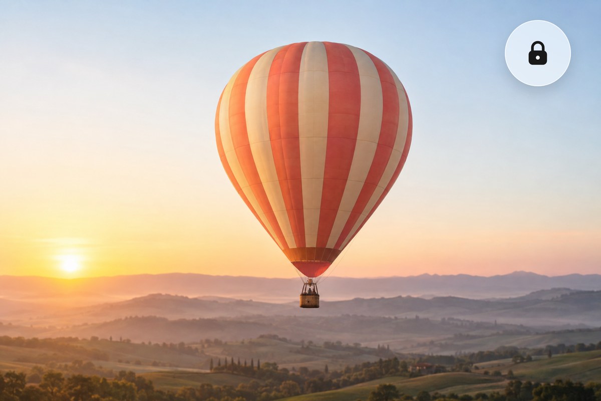 A hot air balloon over green hills inside a browser window with a padlock, converted to PNG on your own device.