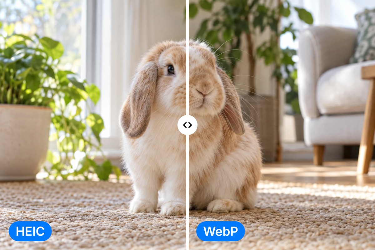A rabbit photo split in two, HEIC on the left and WebP on the right, with the same soft fur detail and colour.