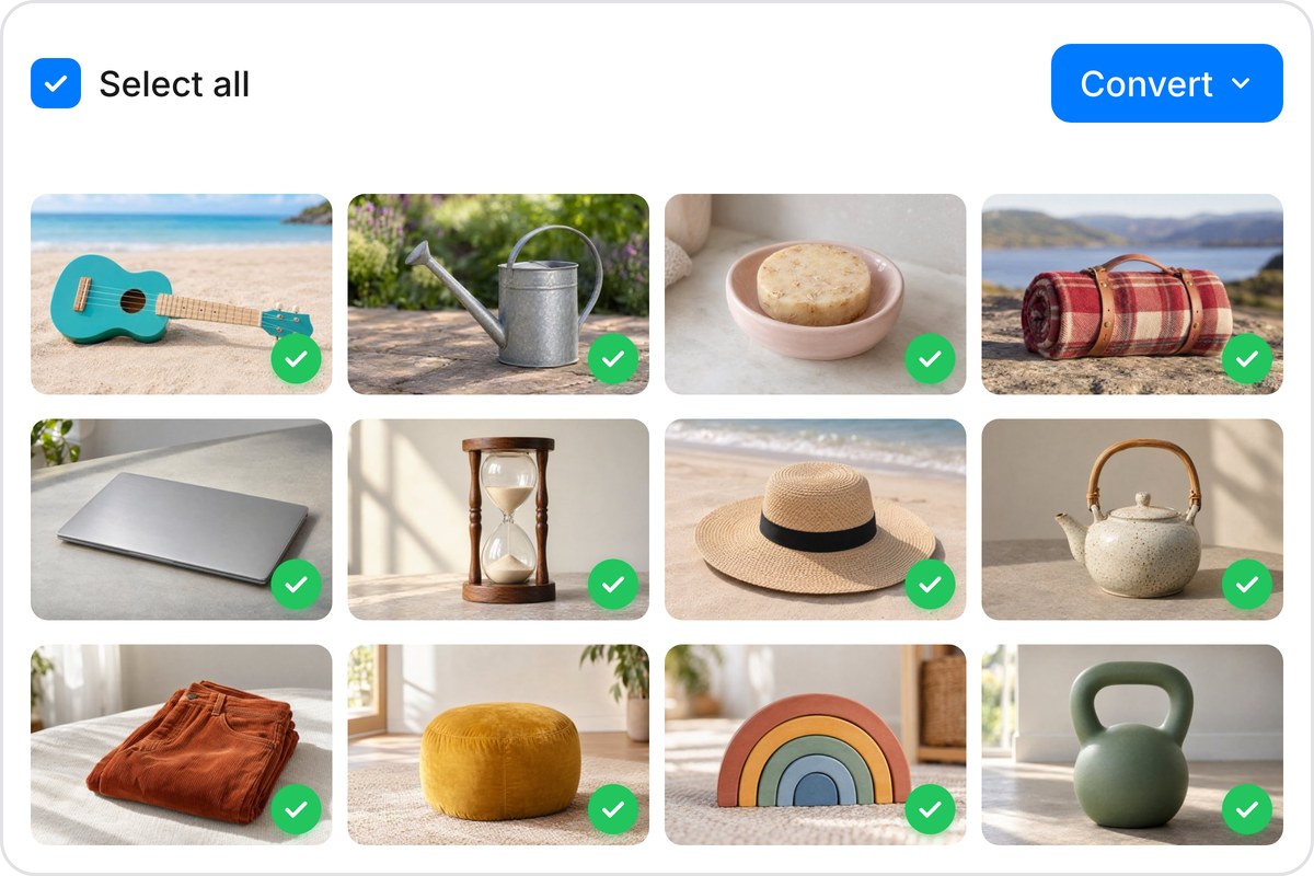 Twelve product photos in a batch converter grid, each converted from HEIC to WebP and marked with a green check.