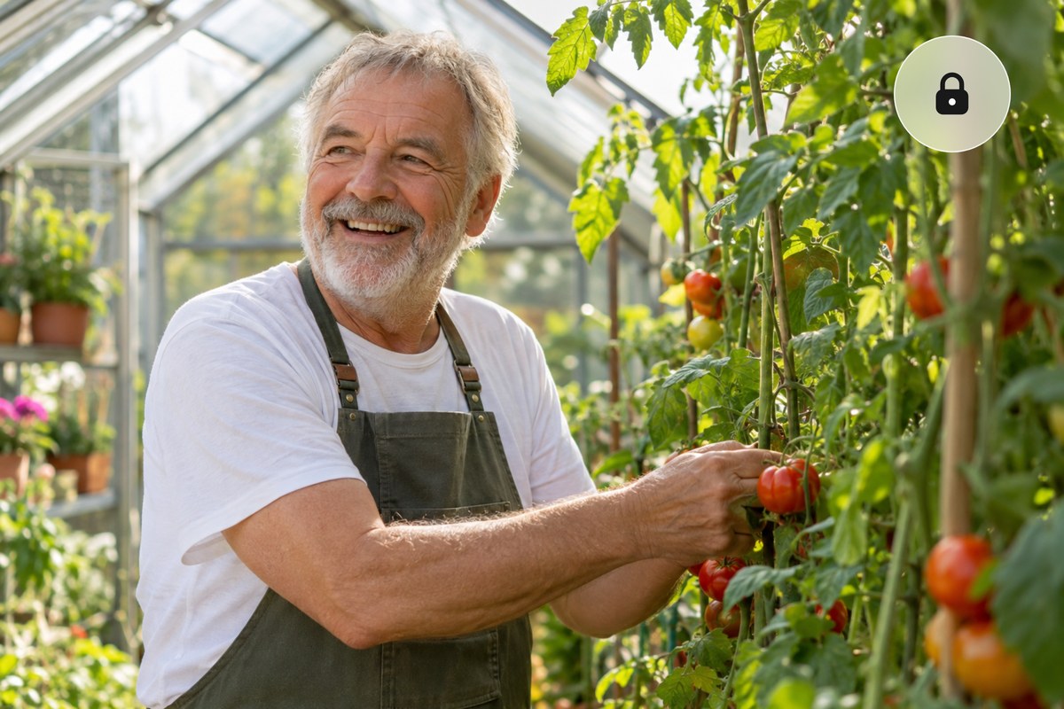 A laughing older man tending tomatoes in his greenhouse, shown in a browser with a padlock and converted to WebP on device.