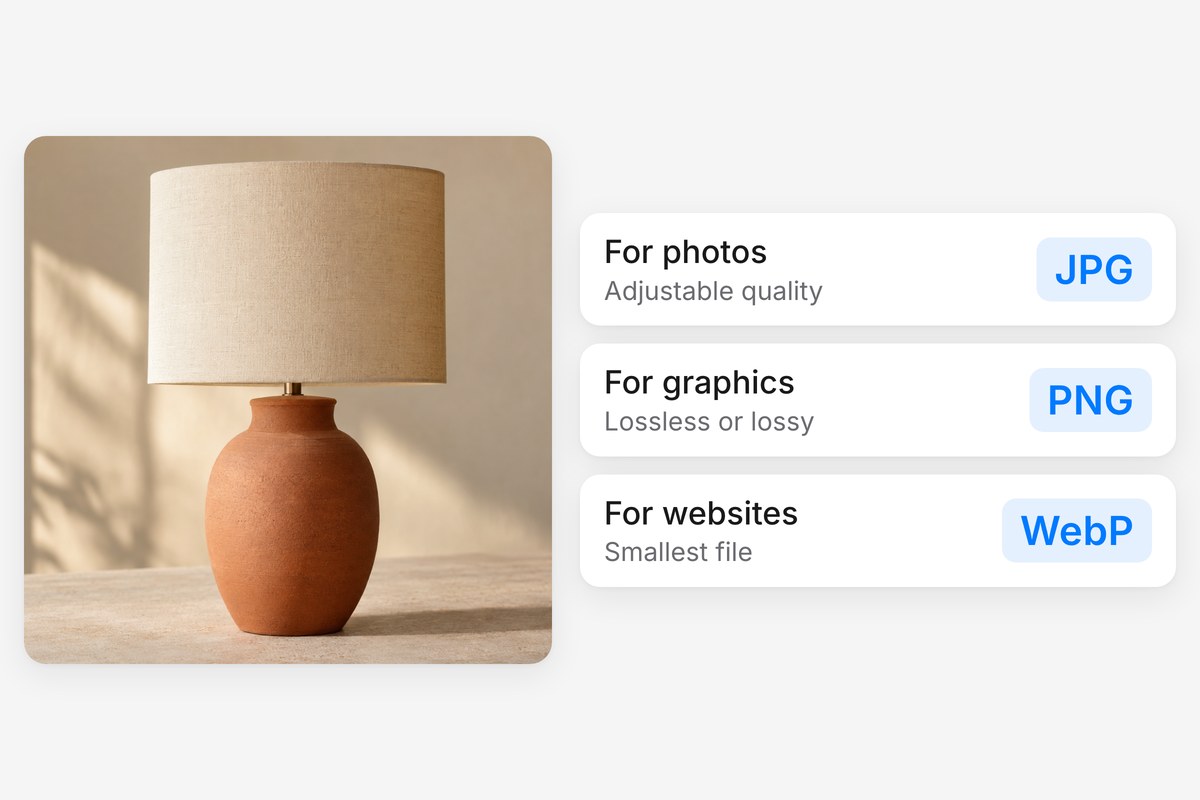 A table lamp photo beside JPG for photos, PNG for graphics, and WebP for websites in the image compressor