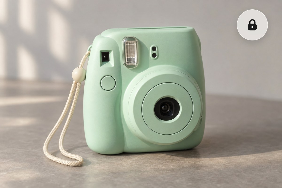 Mint instant camera product photo with a padlock badge for private image compression in your browser