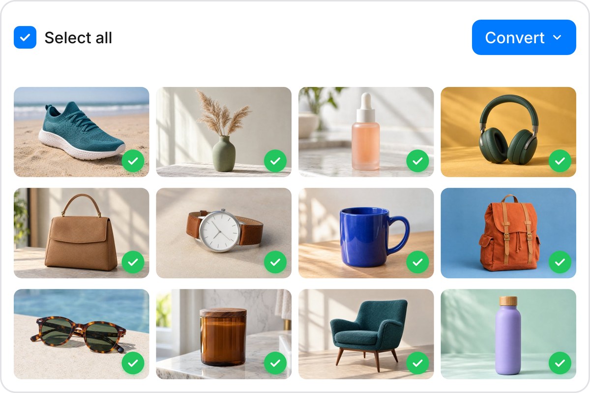Twelve catalog product photos converting from HEIC to JPG in one batch; the image converter handles up to 10,000 files.