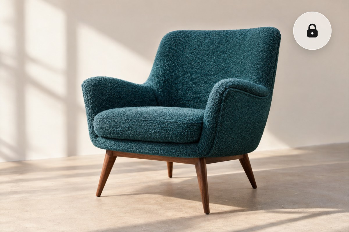 A teal lounge chair photo with a green shield, converted on your device with nothing uploaded to a server.