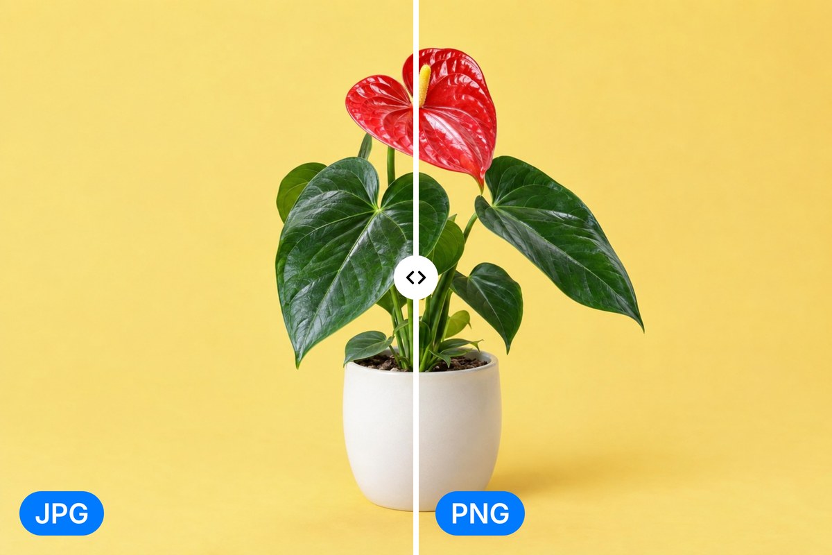 A flowering anthurium split in two, JPG on the left and PNG on the right, with every pixel identical after converting.