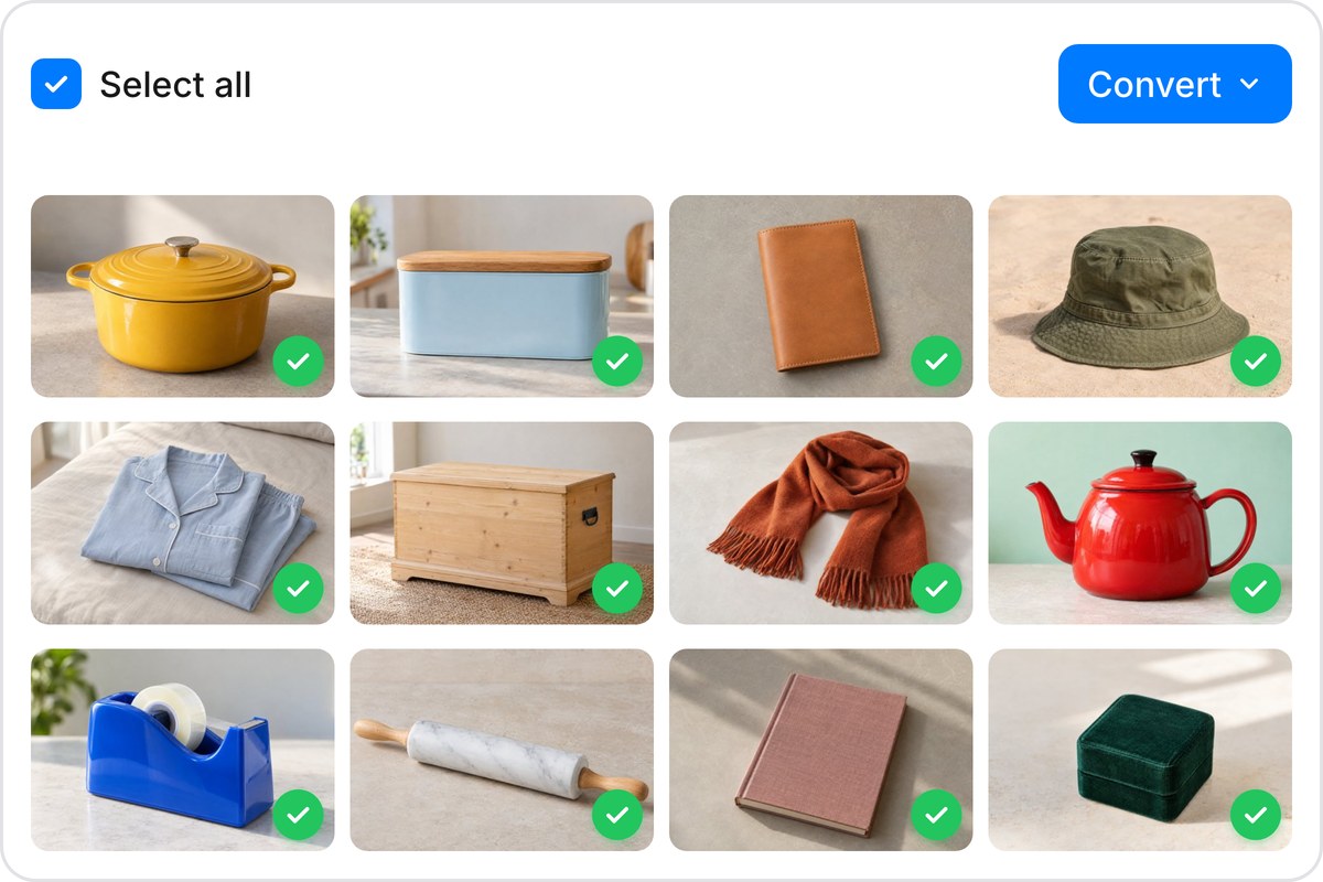 Twelve product photos, from a Dutch oven to a velvet ring box, converted from JPG to PNG at once, each with a green check.