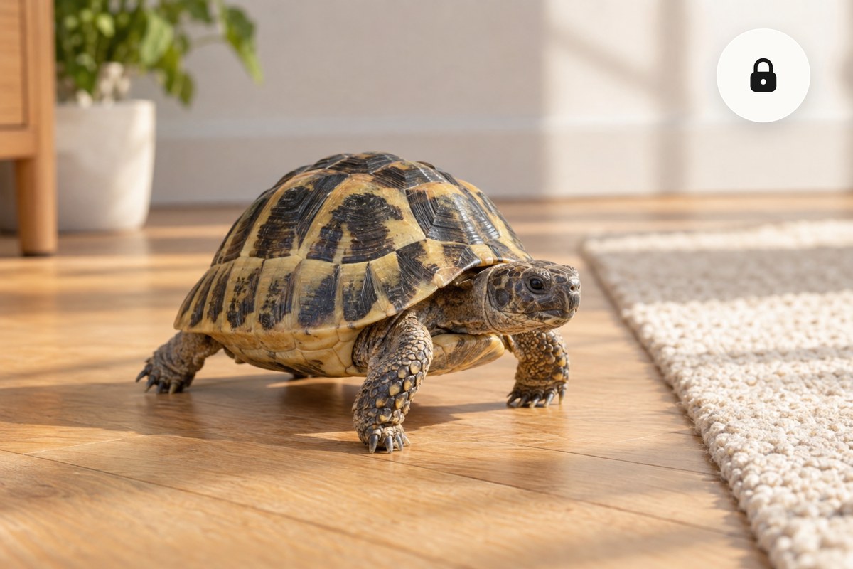 A pet tortoise on a sunlit wooden floor in a browser window with a padlock, converted to PNG on your device with no upload.