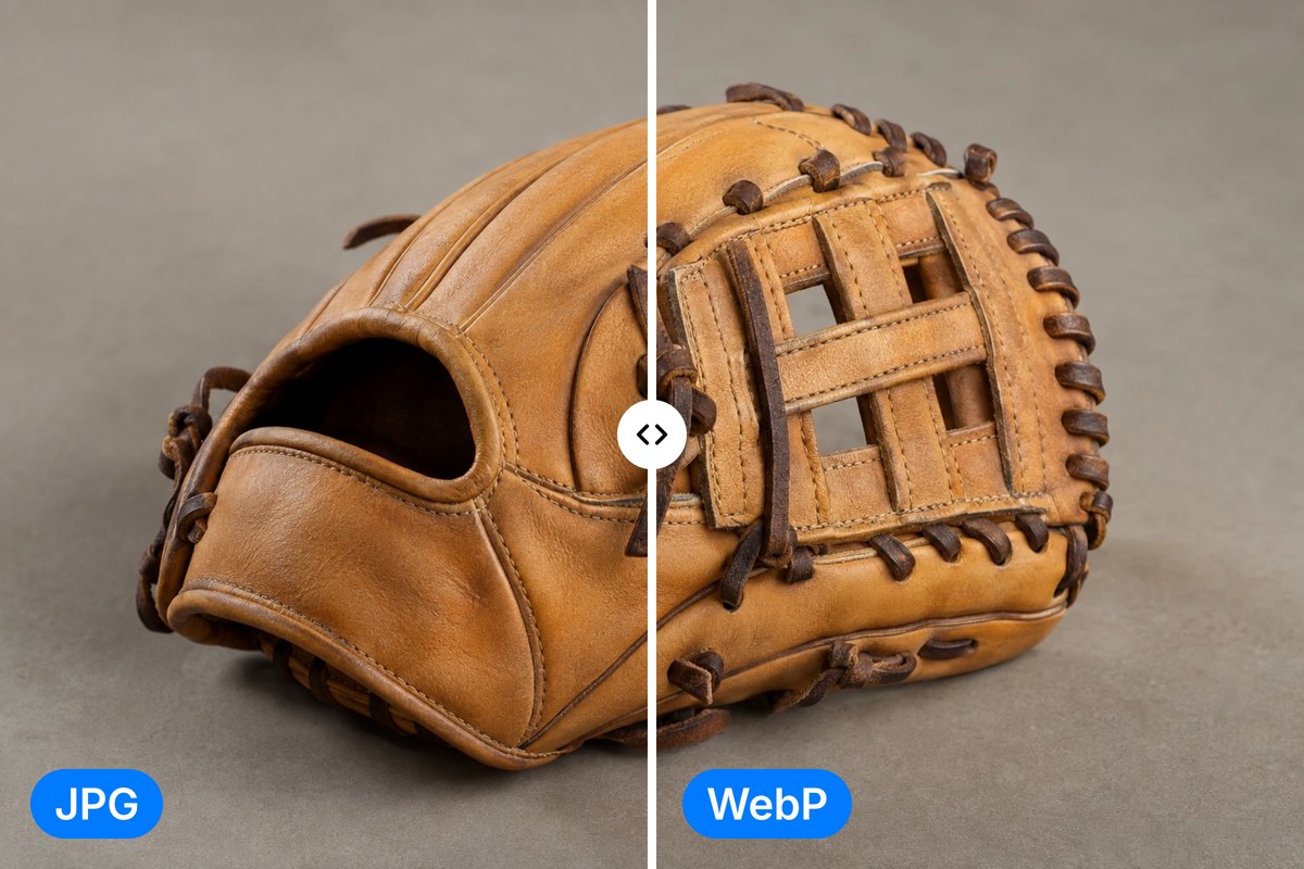A leather baseball glove photo split in two, JPG on the left and WebP on the right, with the same stitching and colour.