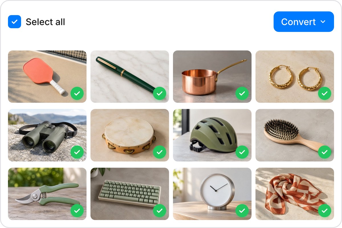 Twelve product photos in a batch converter grid, each converted from JPG to WebP and marked with a green check.