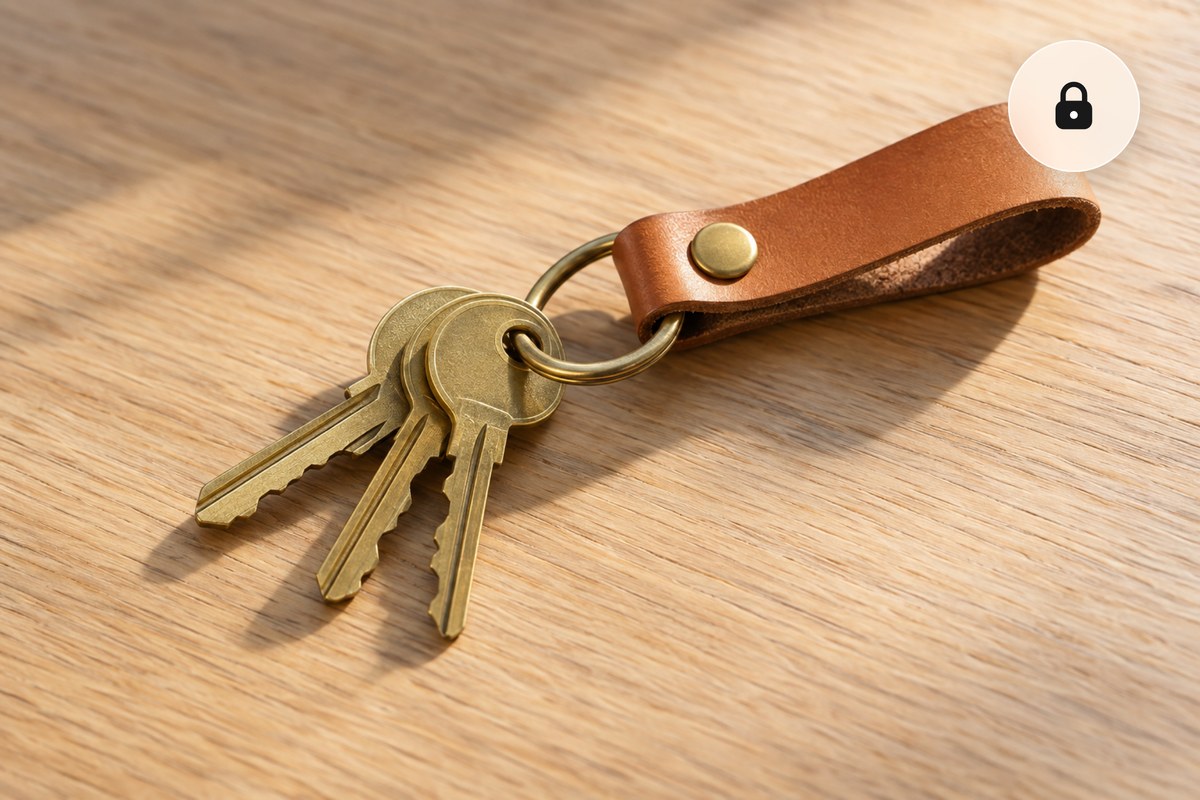 Brass keys on a leather fob in a browser window with a padlock, converted to WebP on your own device.