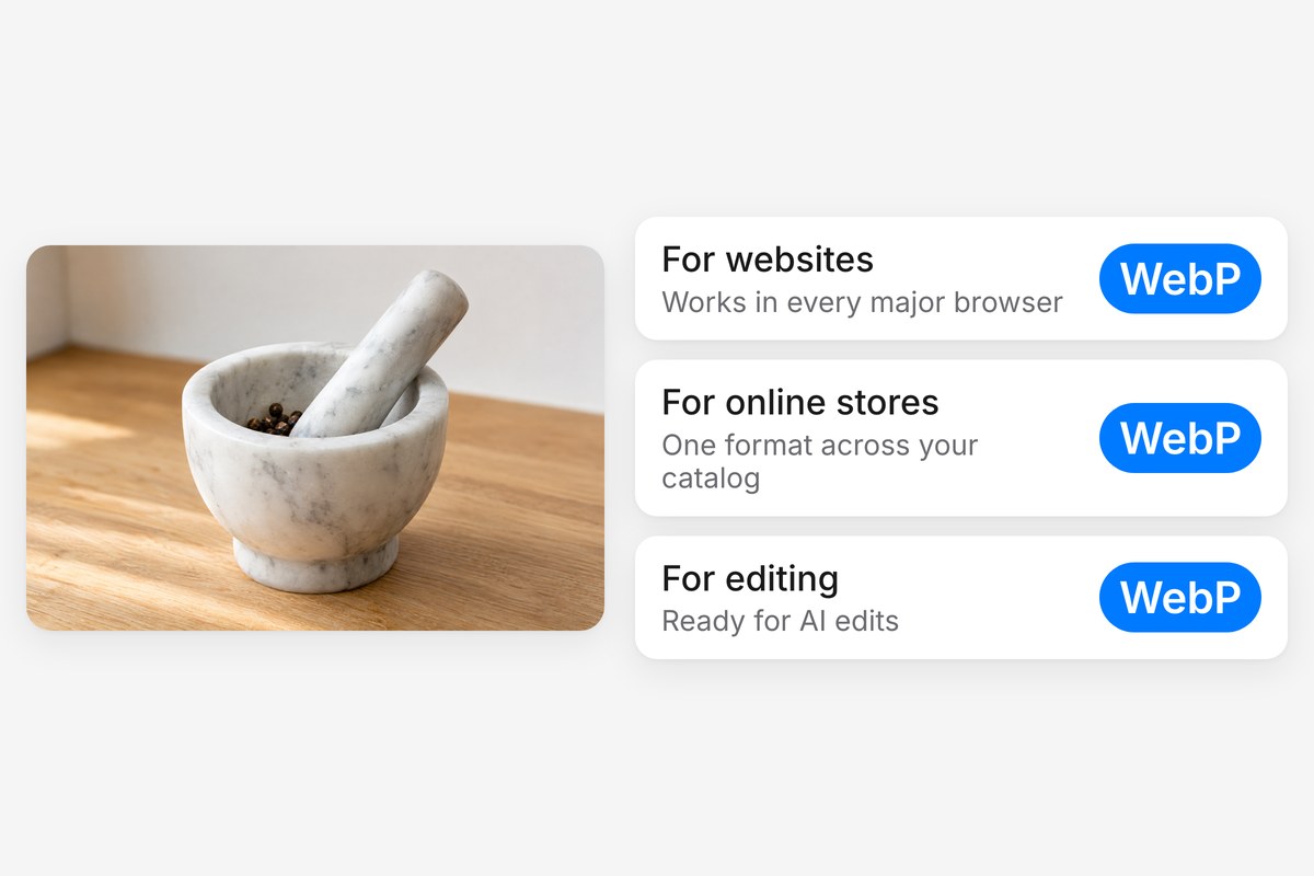 A marble mortar and pestle on a kitchen counter beside three WebP uses: websites, online stores and AI editing.
