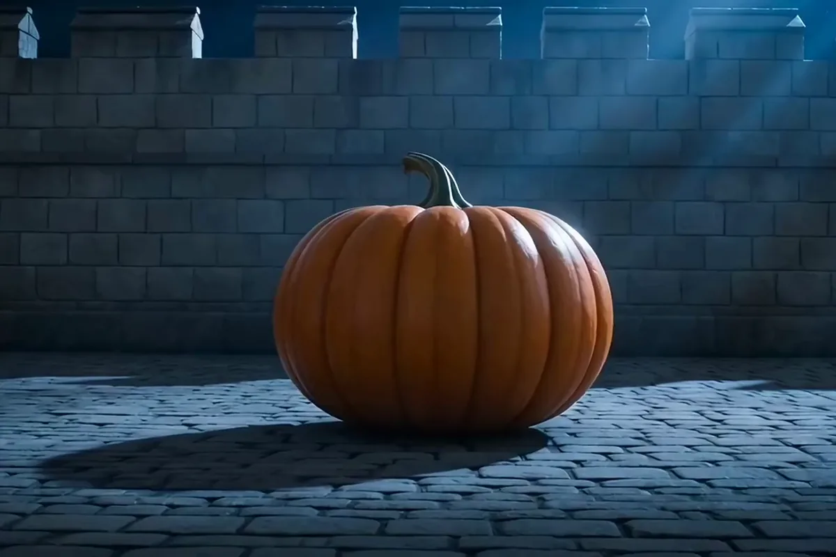Kling 3.0 video of a giant pumpkin turning into a carriage with gold wheels and lanterns on a cobbled courtyard