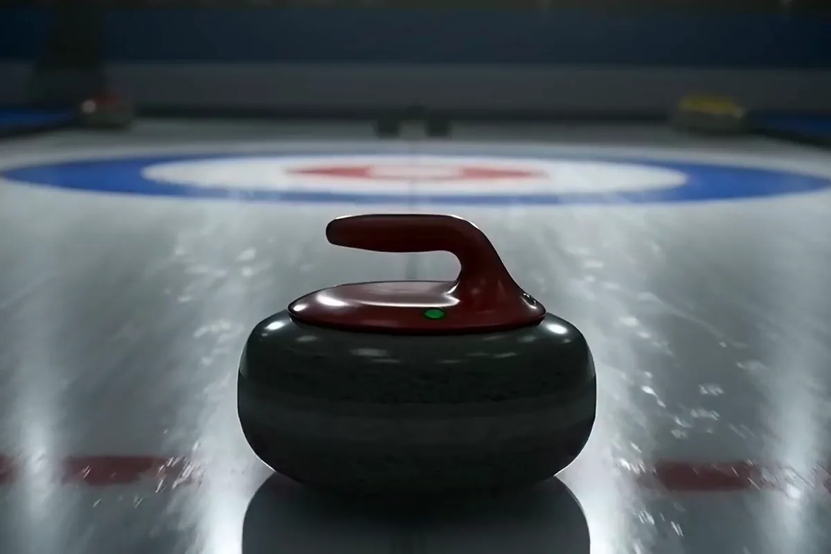 Kling 3.0 video of a curling stone with a red handle gliding to the center of the target
