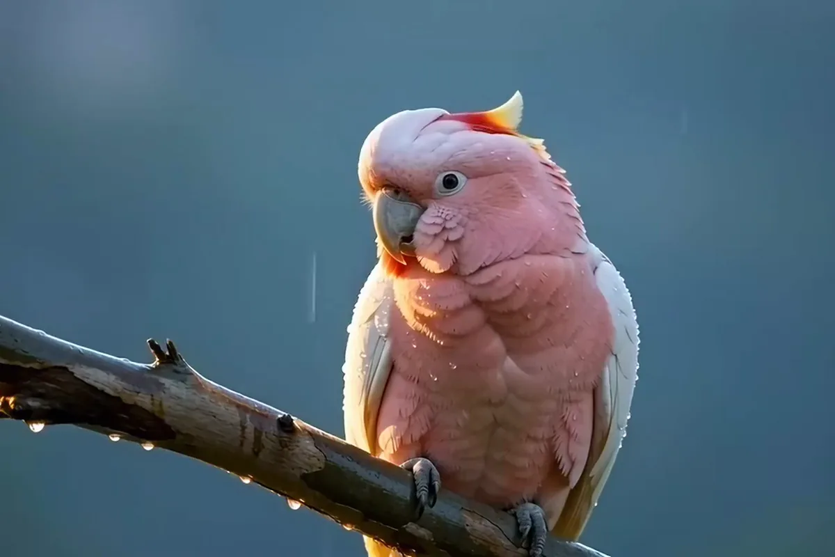 Kling 3.0 video of a pink cockatoo raising its red and yellow crest on a branch