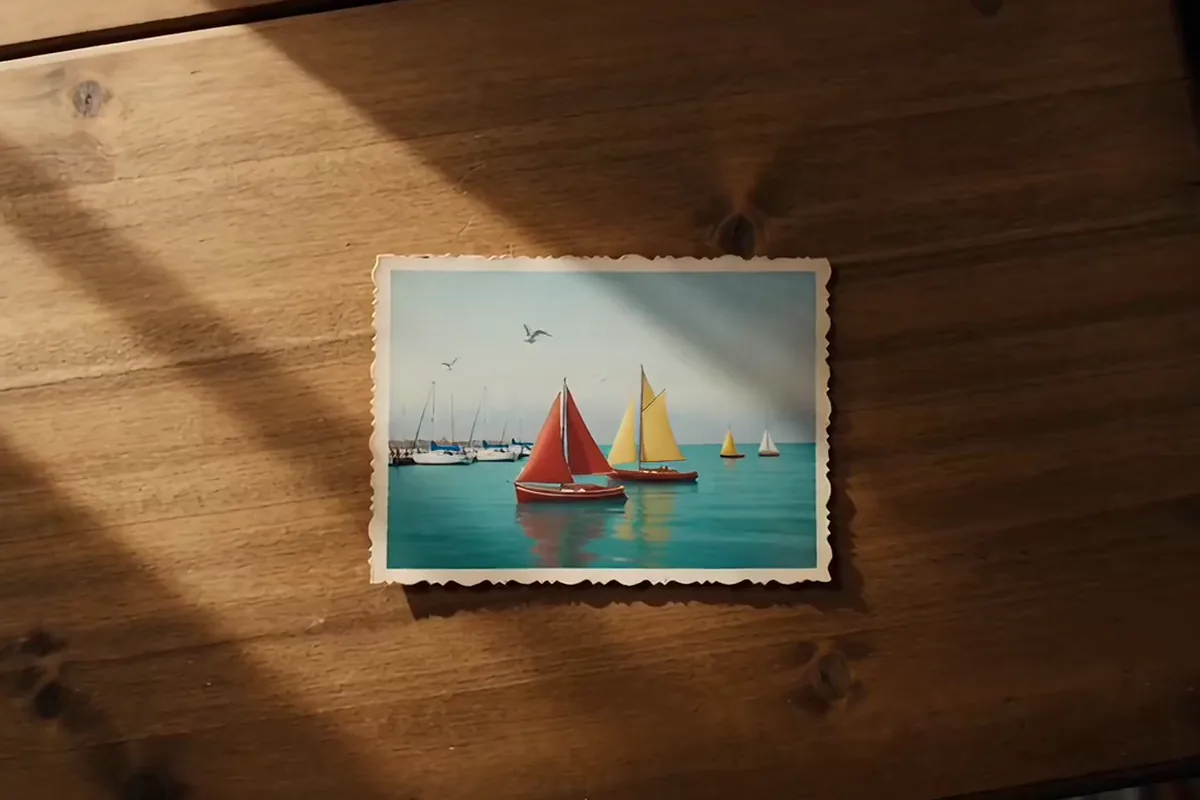Kling AI video of a harbor postcard on a desk with red and yellow sailboats rocking in the print