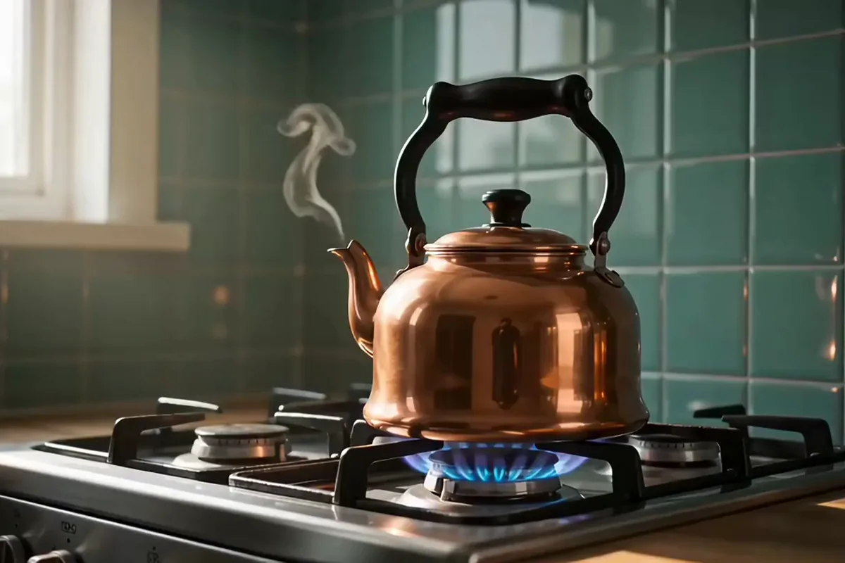 Kling AI video of a copper kettle on a blue gas flame with steam pouring from its spout